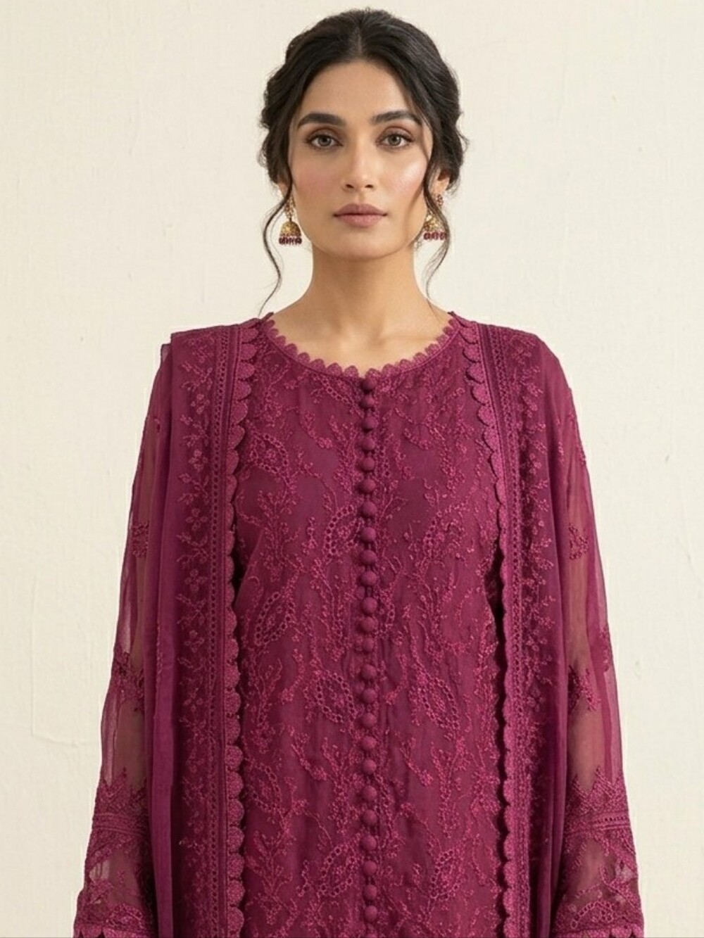 Pakistani Maroon Net Salwar Kameez for Women with Embroidery